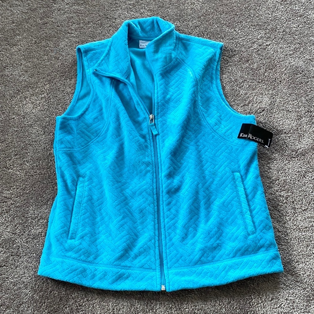 Kim Rogers Aqua Blue Quilted Fleece Zip Front Vest Pockets NWT SIZE M